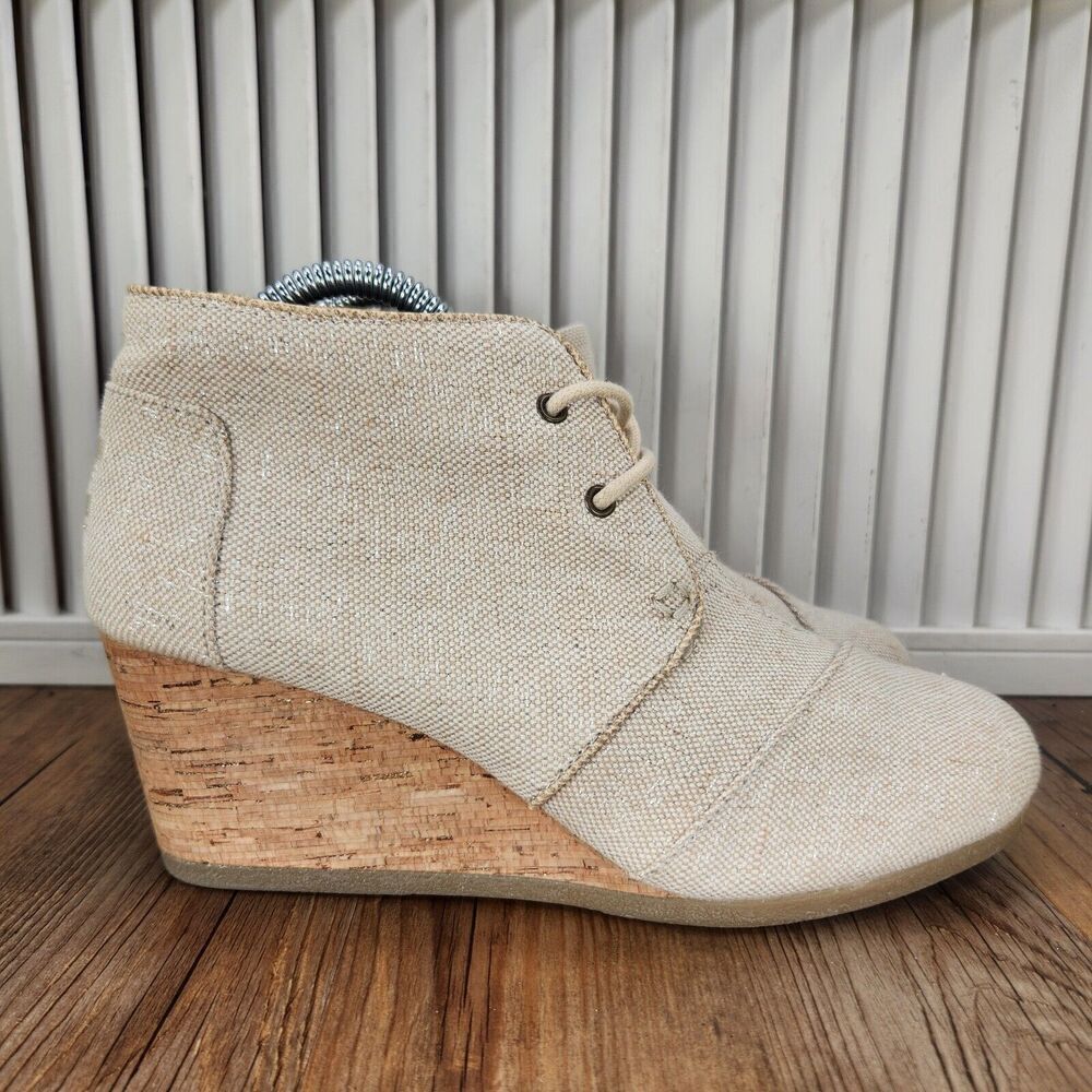 Toms Ankle Wedge Booties Womens Sz 9.5 Beige Lace Up Canvas Glitter Shoes Boots